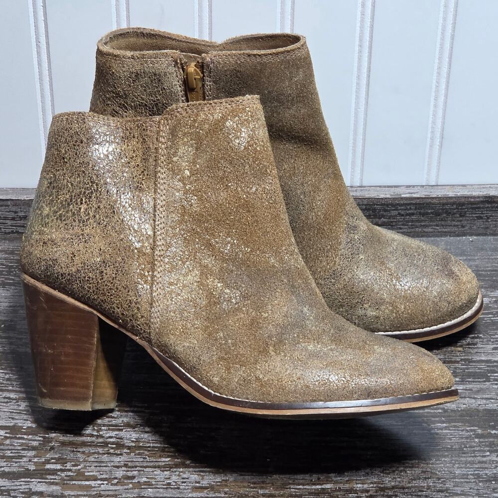 Seychelles Women's Tan Metallic Pewter Destressed Leather Ankle Boots Size 8.5